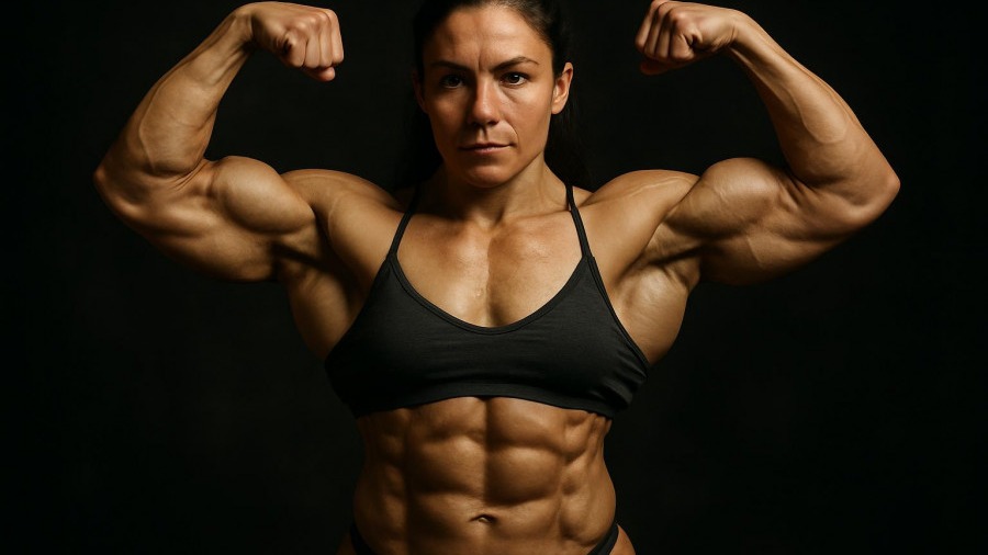 Muscular female bodybuilder flexing in dark studio, showcasing fitness success story.