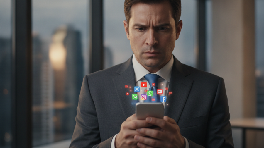 Concerned businessman in suit reflects on social media addiction and youth mental health.
