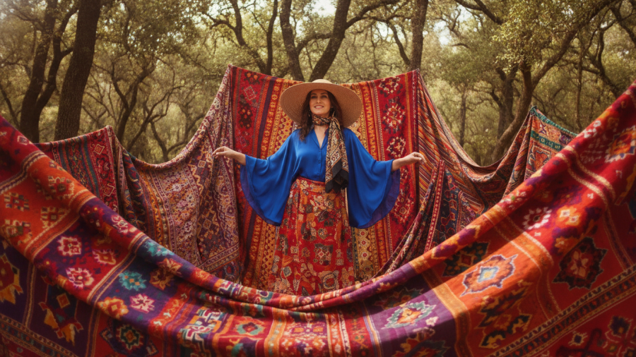 Stylish woman in vibrant blue blouse with Uzbek textiles, showcasing sustainable fashion in Kansas City.