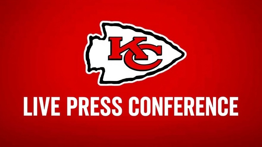 Kansas City Chiefs logo over red background, 'LIVE PRESS CONFERENCE' text.