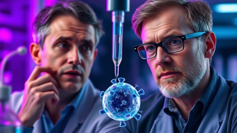 Two men discuss gene editing technology amid vibrant lab visuals.