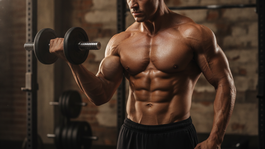 Strong muscular torso lifting dumbbell in a dark gym, showcasing strength training and fitness motivation.