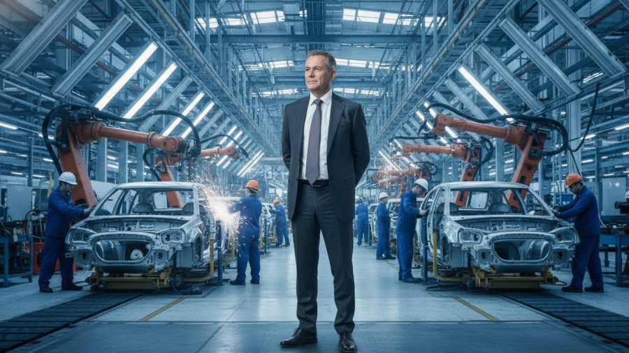 Middle-aged man inspecting vehicle quality management in an automotive factory with AI technology.