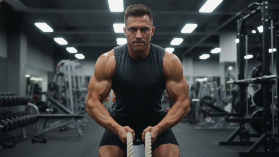 Muscular man doing safe triceps workouts with rope extensions in gym.
