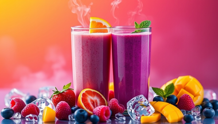 Colorful high-protein smoothies with fruit garnish and steam rising.