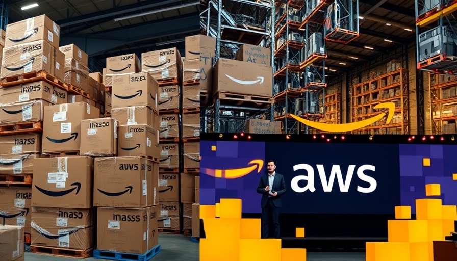 Amazon cloud growth challenges depicted through packages, AI discussion, and AWS logo.