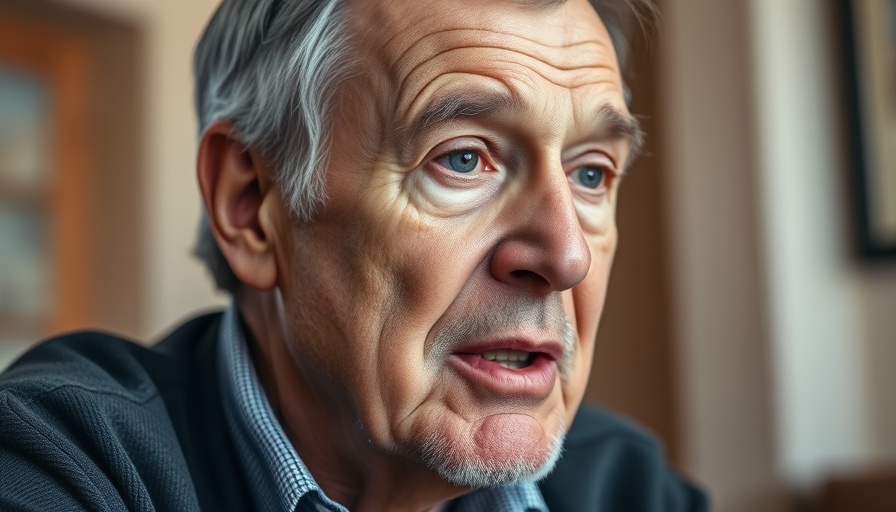 Older man speaking during an interview indoors, close-up portrait.