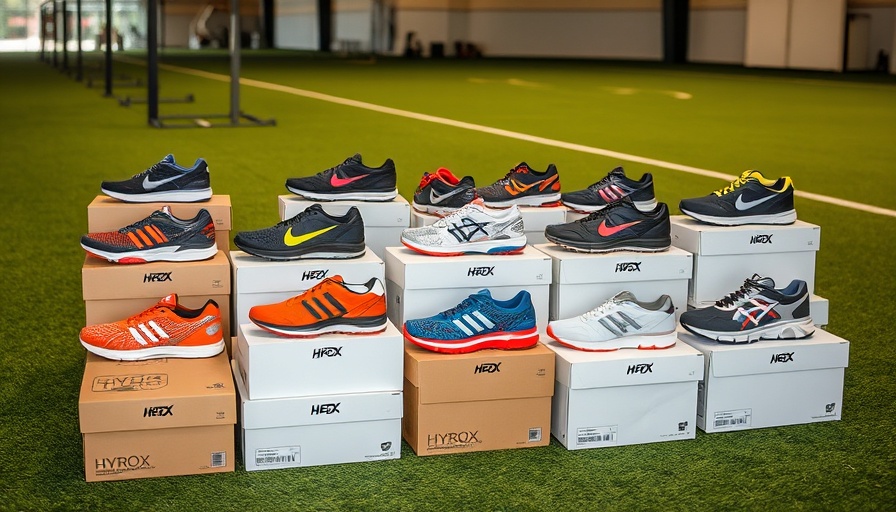 Variety of best shoes for HYROX athletes displayed in a gym.