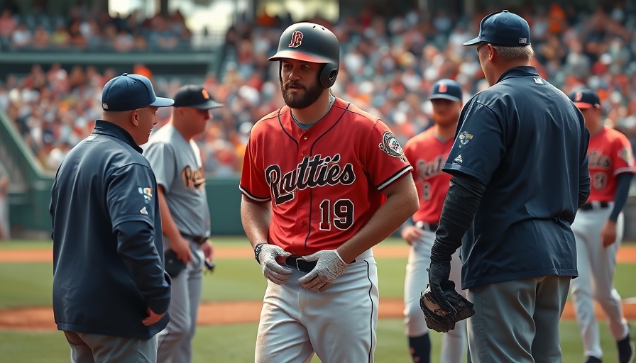 Injured baseball player on field assisted by medical staff, Jonathan Aranda fractured wrist.