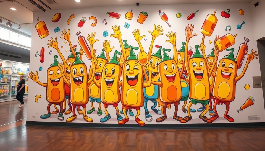 Vibrant mural at Museum of BBQ Kansas City with condiment characters.