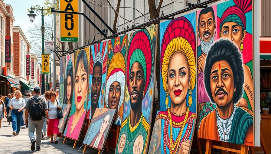 Street art display at Kansas City festival showcasing local paintings.