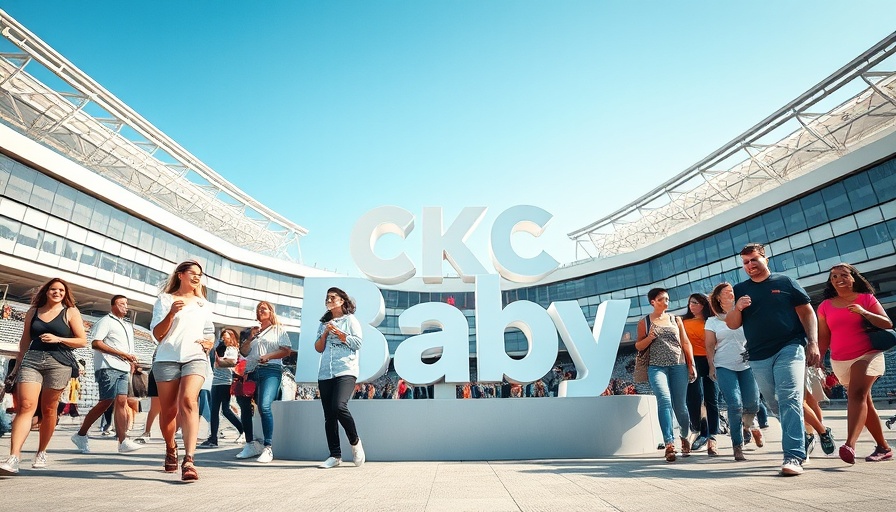 People walking near CPKC Baby sign, Kansas City neighborhoods