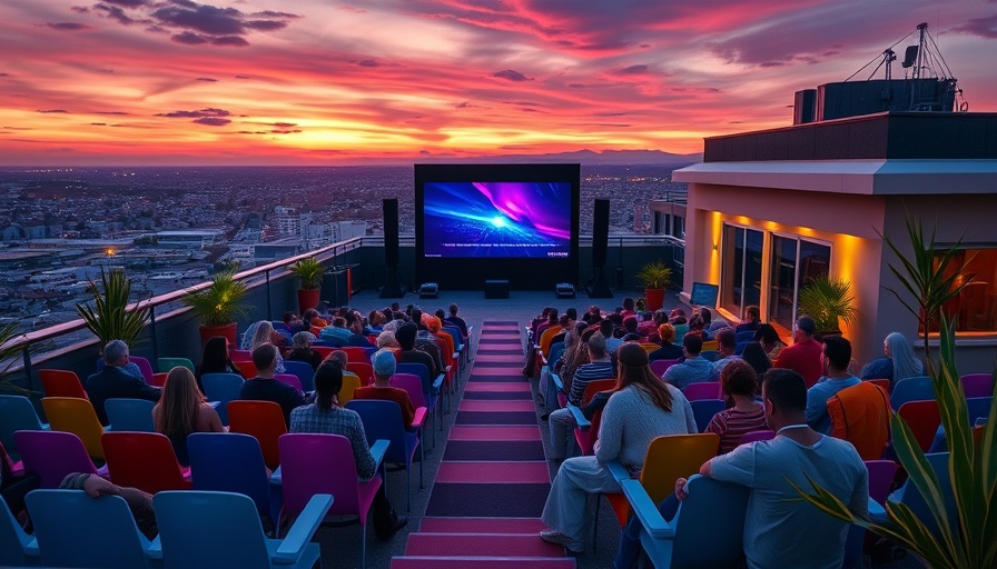 Rooftop cinema Kansas City event at sunset.