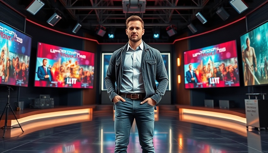 Man in Kansas City TV studio discussing local living on a set with movie graphics.