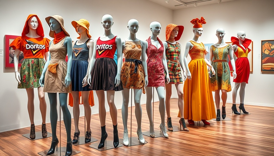 Colorful mannequins display food fashion in Kansas City gallery.