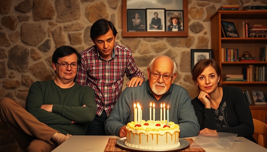 Family gathered in living room for birthday, exploring family secrets in The Heritage series.