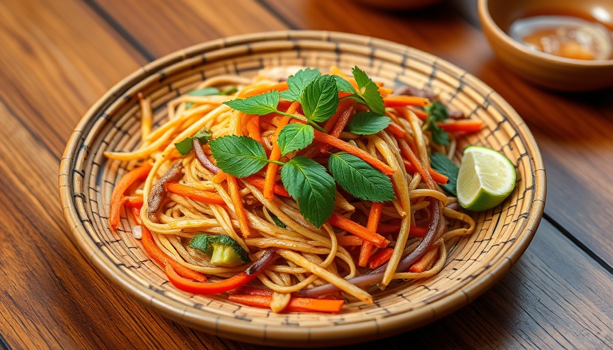 Delicious Thai dish on woven plate for Kansas City patio dining.