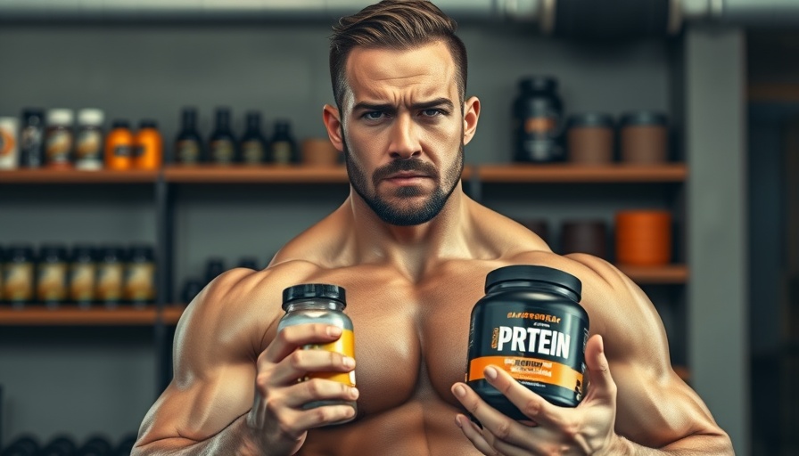 Muscular man holding high-protein food supplements.