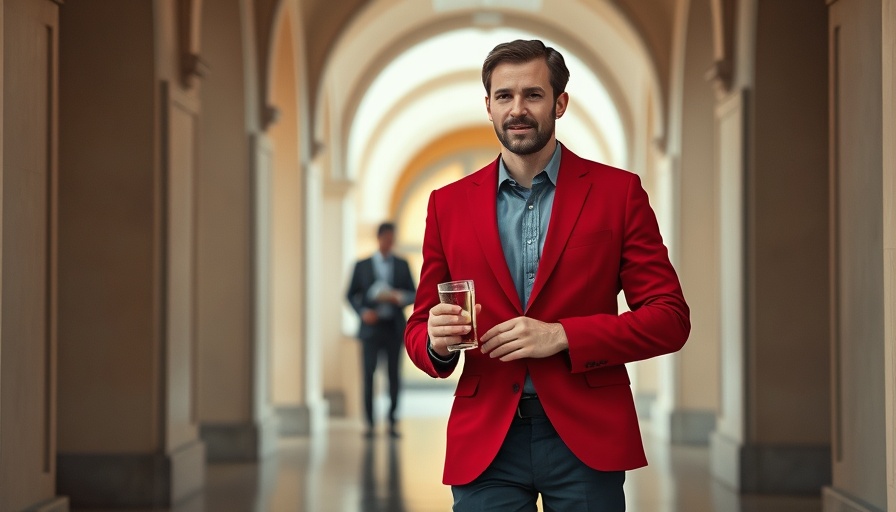 Confident man in red blazer holding a cup in a hallway, Missouri public education ballot measures context