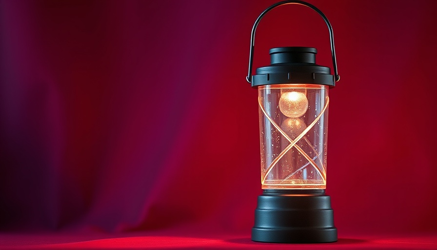 Sleek Joyeky Camping Lantern glowing against red and blue backdrop.