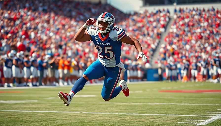Kansas Jayhawks football victory action scene with a player dodging a tackle.