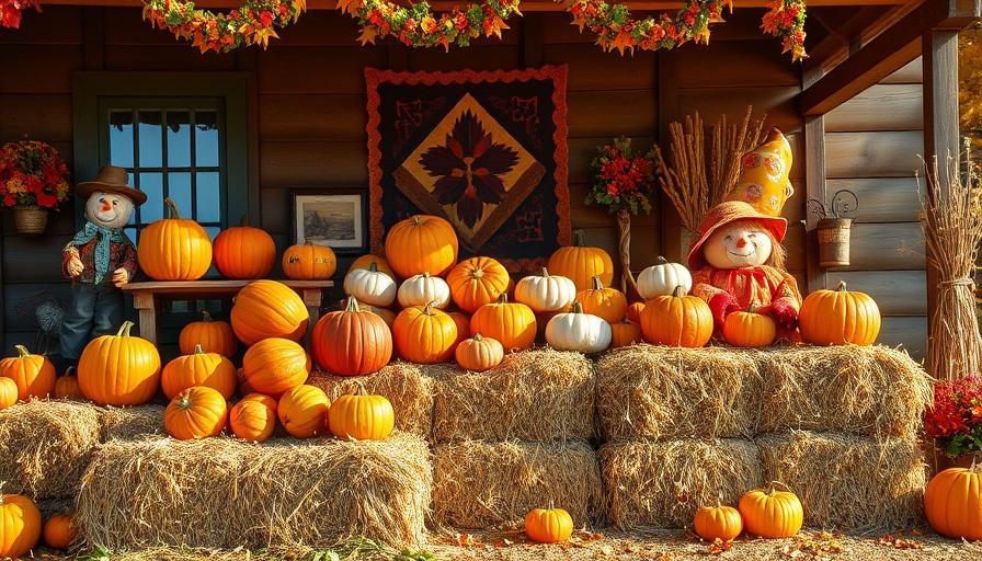 Colorful harvest display at Jamesport Heritage Days Festival with pumpkins and hay.