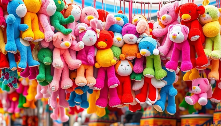 Vibrant plush toys at Free Fall Festival in Gladstone.