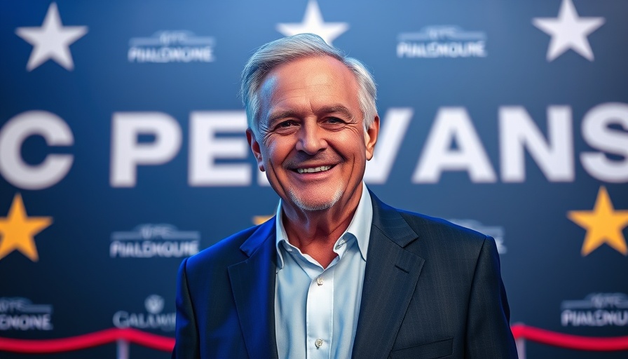 Older man at a premiere event with branded backdrop, current NFL team owners.
