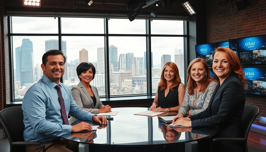 News anchors in studio with Kansas City skyline in background.