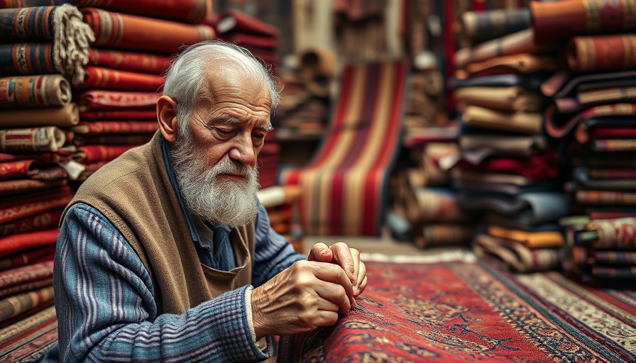 Artisan repairing hand-loomed carpet in Kansas City workshop.