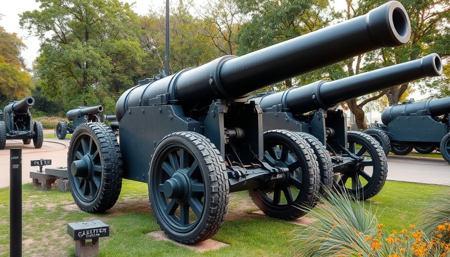 Large artillery cannon in park, representing nuclear artillery power.