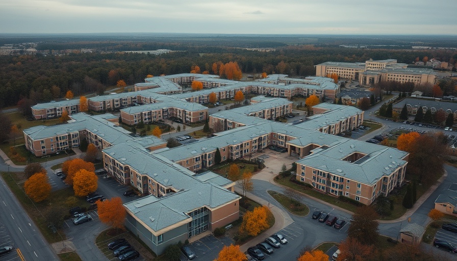 Aerial view of nursing home highlighting layout and surrounding area.