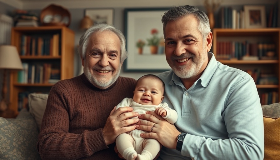 Vintage family photo of grandfather, father, baby; embracing moments.