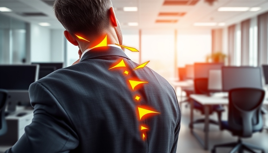 Man in office experiencing tech neck pain, cartoon lightning effects.