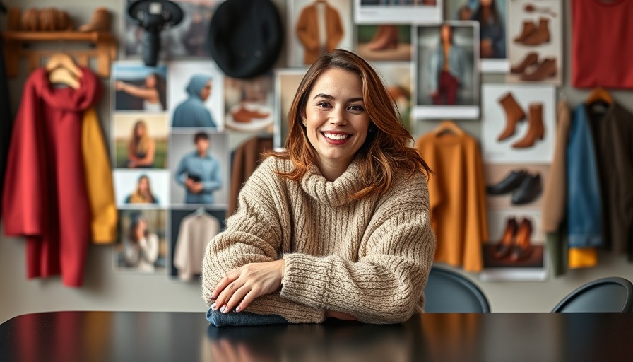 Woman sitting on table with fashion board background, smiling warmly.