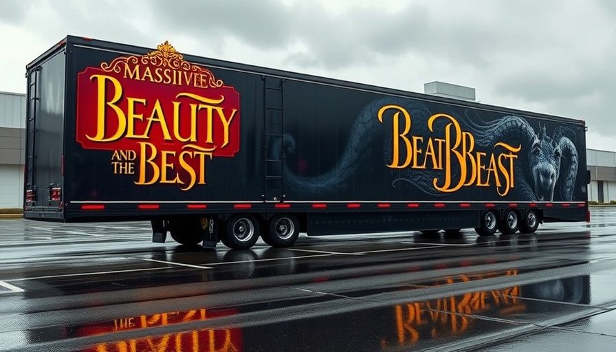 Touring Broadway production of Beauty and the Beast trailer in rain.
