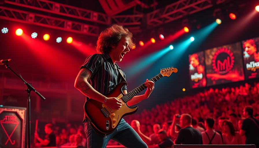 Musician performing energetically on stage with guitar, vibrant lights.