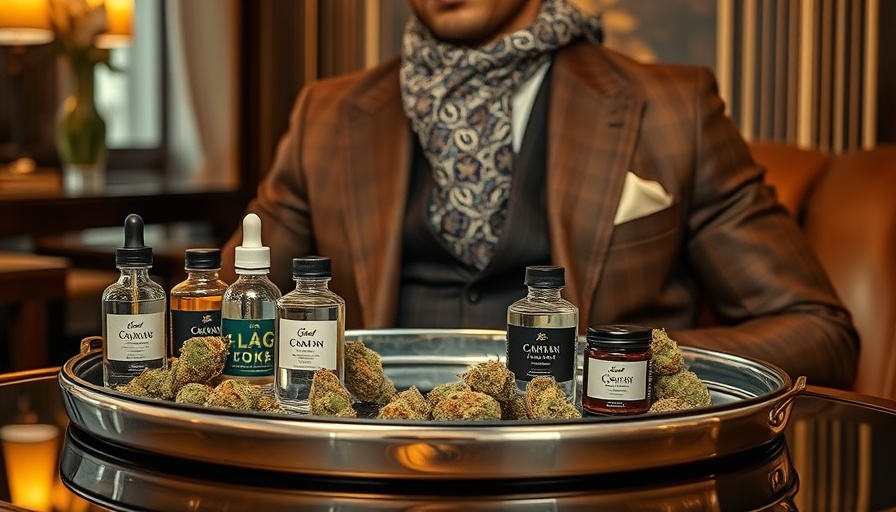 Charlie Fox cannabis products on a tray with stylish person in suit.