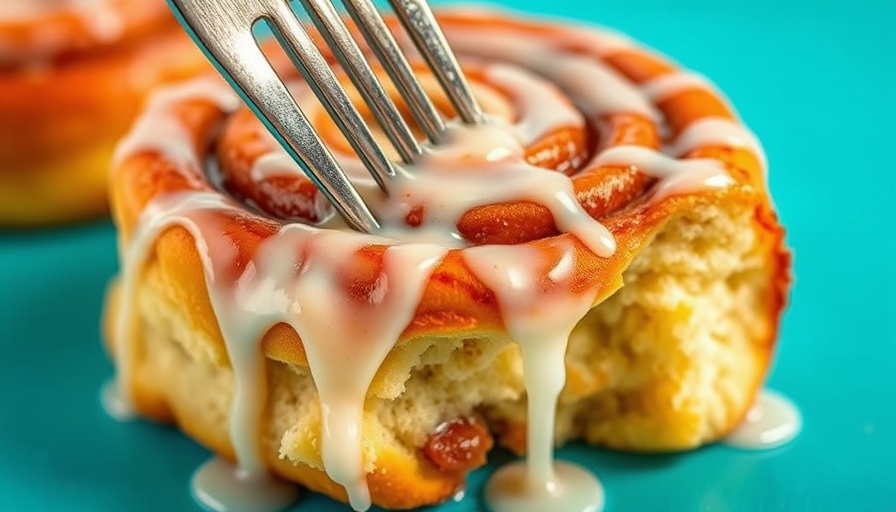 National Cinnamon Roll Day treat with fork and icing on cyan.