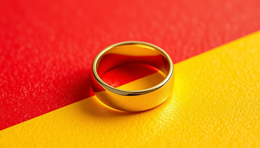 SAMSUNG Galaxy Ring in gold against a yellow-red background.