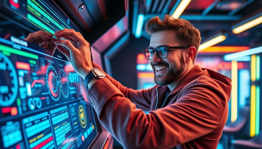 Man at Kansas City event interacts with neon-lit futuristic machine.