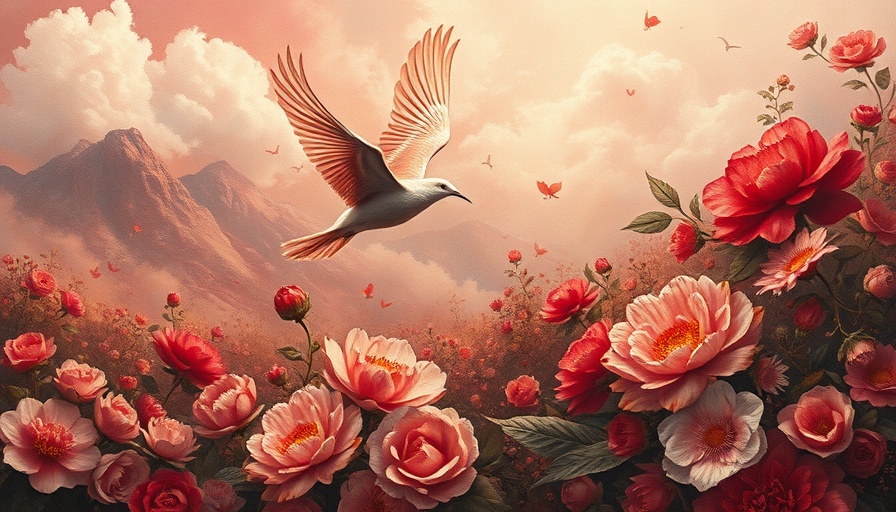Surreal bird and floral painting at Jacqueline Bishop exhibition, Kansas City.
