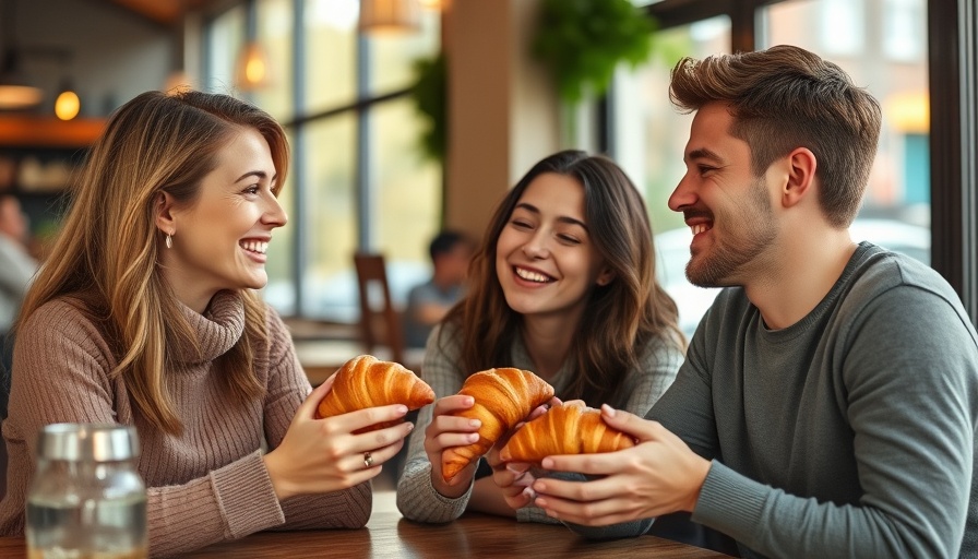 Laughing friends sharing croissants in a sunny cafe.