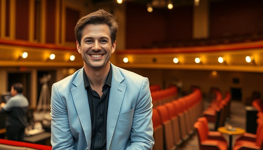 Smiling man in a theater with stage set pieces for Cinderella Lyric Opera Kansas City.