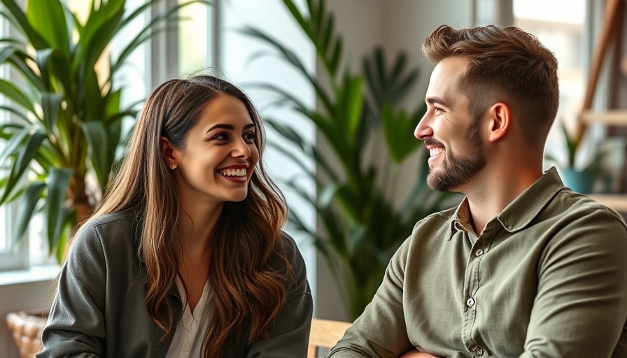 Flirting signals in Kansas City, a man and woman smiling at each other indoors.