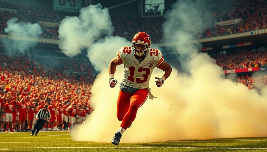 Kansas City Chiefs player enters smoky stadium, vibrant game scene.