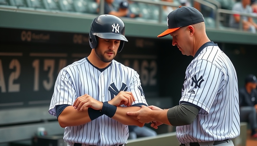 Jazz Chisholm Jr. injury assessment with trainer in Yankees dugout.