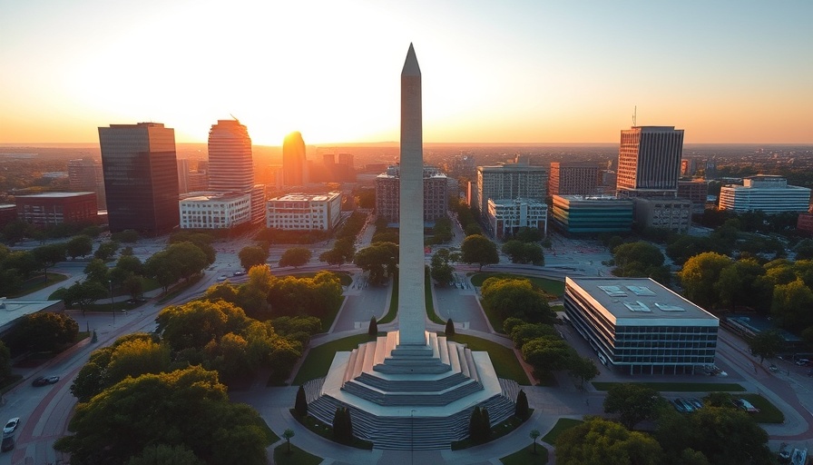 Aerial view of Kansas City monument at sunrise, ideal for slow travel.