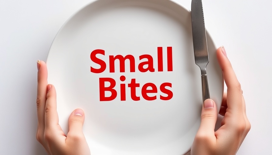 Minimalist design with a plate stating 'Small Bites', silverware in hands.