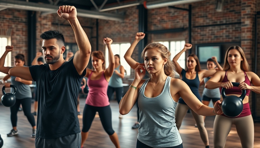 Group fitness classes in Kansas City with participants lifting kettlebells.